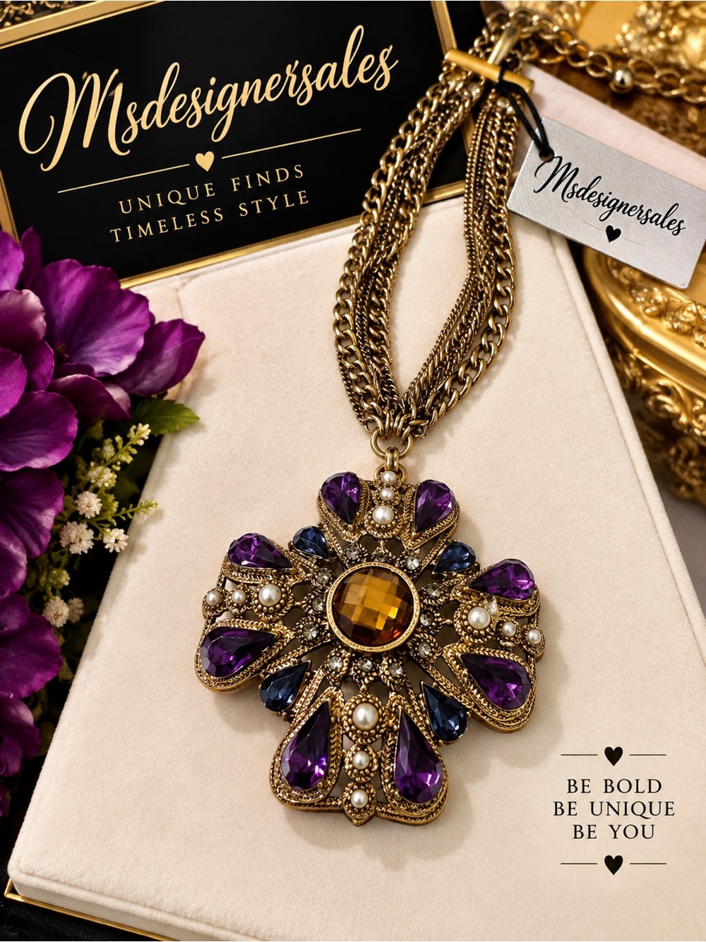 Purple & Gold Statement Floral Pendant Necklace